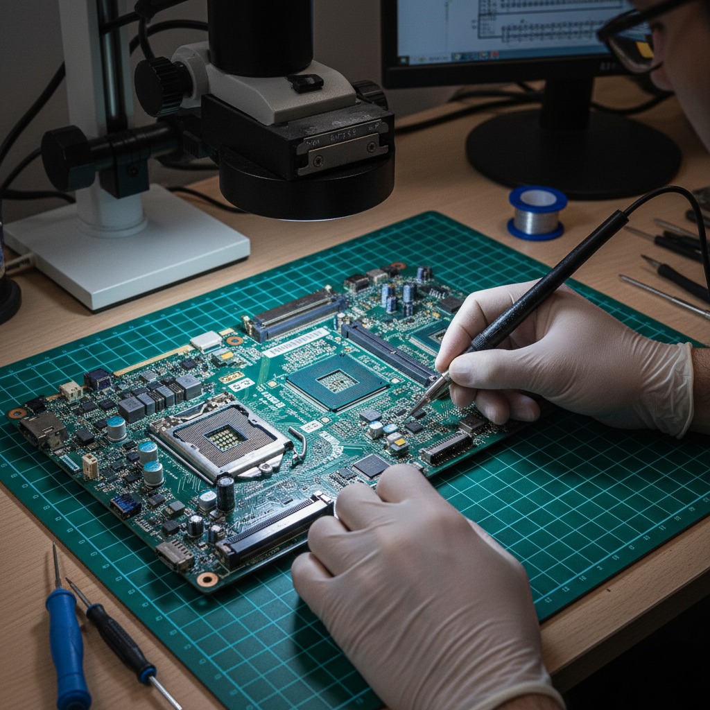 Um técnico usando luvas brancas solda componentes em uma placa de circuito impresso sobre uma base verde, com um microscópio e ferramentas ao redor.