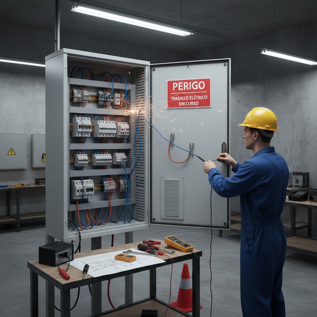 Eletricista de macacão azul e capacete amarelo trabalha em um painel elétrico aberto, de onde saem faíscas.